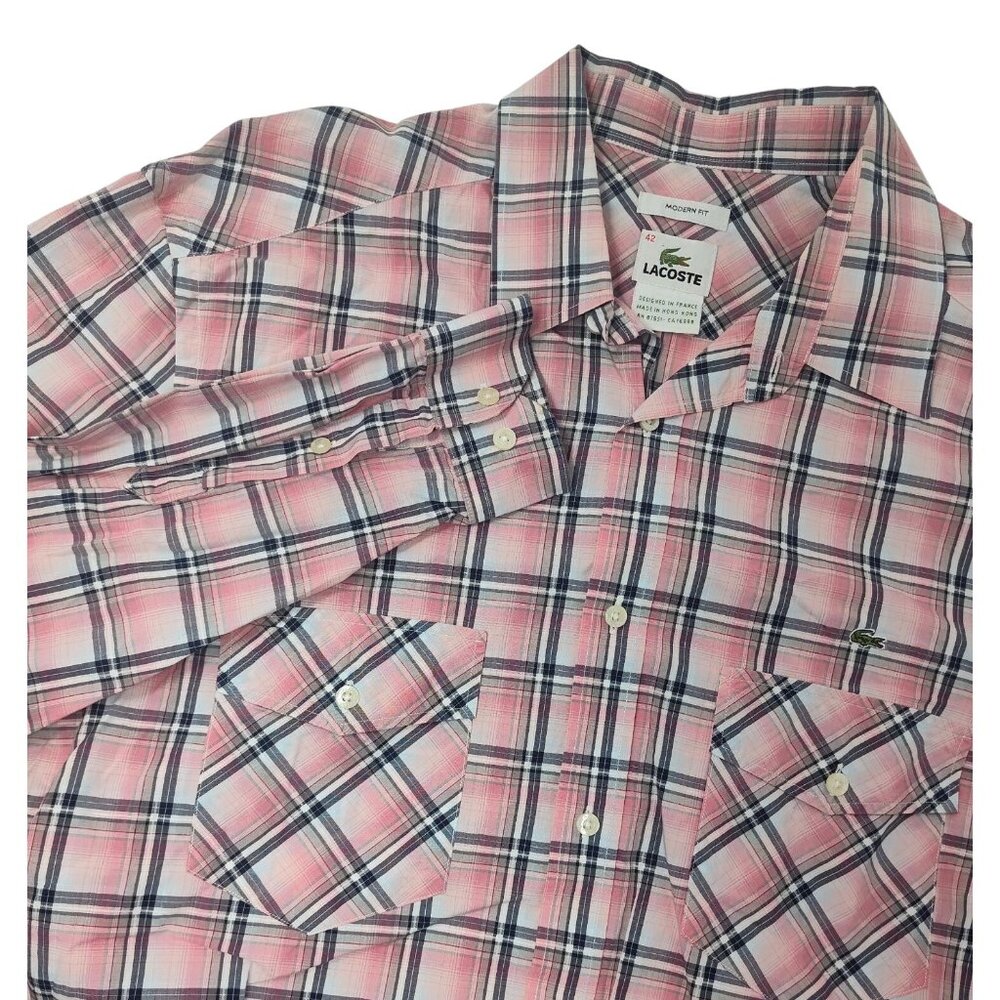 Lacoste Men's Pink Plaid Long Sleeve Button-UP Shirt Modern Fit Size 42